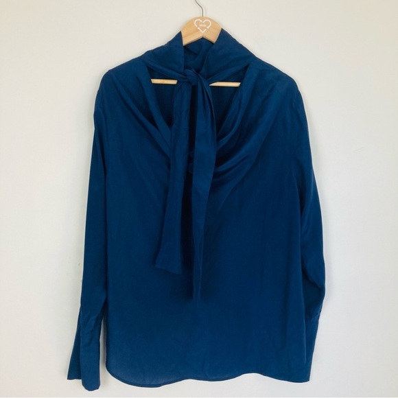 J.Crew navy blue silk reversible long sleeve bow top. Size 16. - Picture 2 of 5